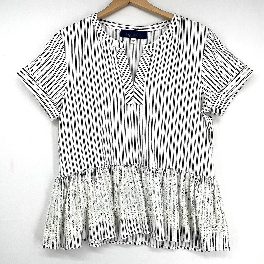 Blue Rain Womens Shirt Top Size L Black White Striped Lace Ruffle Classic Peplum